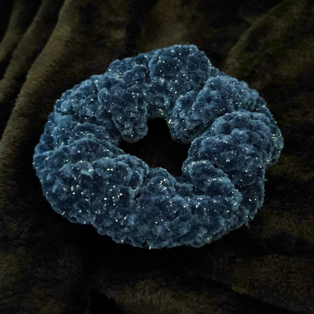 Handmade Medium Crochet Sparkle Velvet Scrunchie ‘Navy’